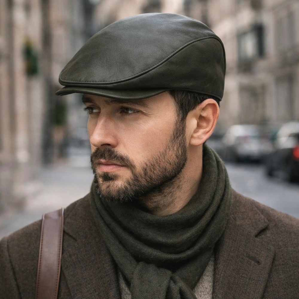 Military Green Real Leather Ivy Cap Flat Hat | Cabbie Newsboy Hat for men